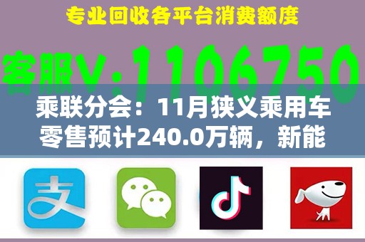 乘联分会：11月狭义乘用车零售预计240.0万辆，新能源预计128.0万辆
