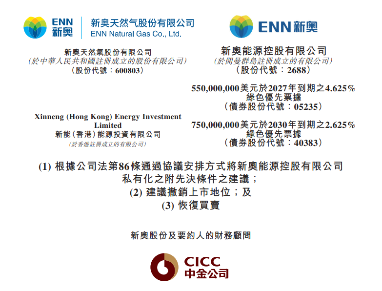 新奥股份：拟现金+发行H股私有化新奥能源，并以介绍方式在香港上市